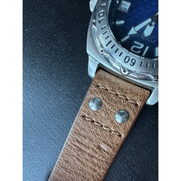 Fossil Blue Watch Men Date Stainless Steel Silver Batt Leather Brown 100m Quartz - Picture 5 of 10